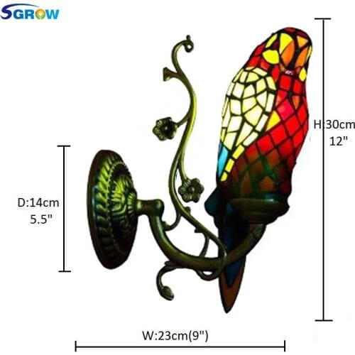 SGROW Stained Glass Parrot Wall Lamp Hand-made Tiffany Lights Indoor Lighting Fixture for Bedroom Dining Room Lompara de pared