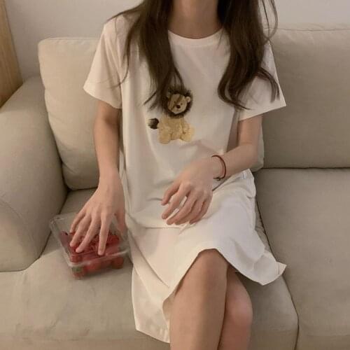 Kawaii Cartoon Lion Summer Nightgown Women O-Neck Short Sleeve Long Sleepwear Loose Casual Cute Homewear Soft White