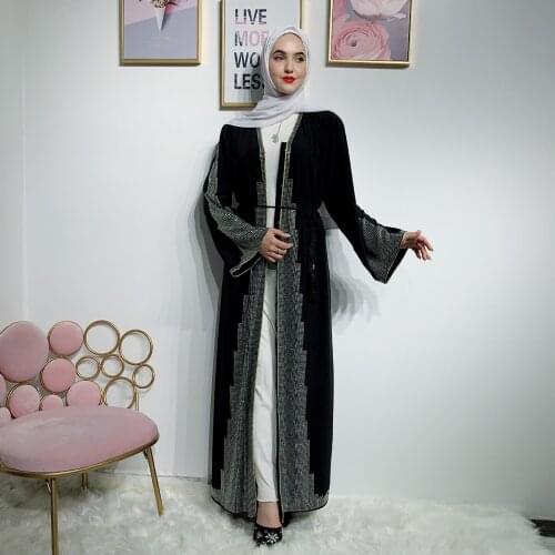 New Middle East Dubai Pure Color Diamond-studded Muslim Robe Womens Comfortable Dress Lacing Cardigan Robe Without Turban