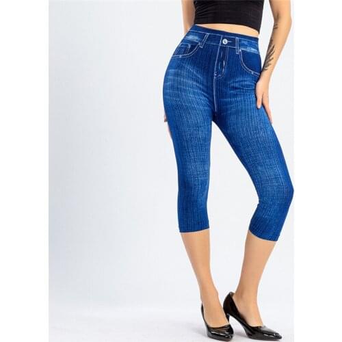 New Women Fake Denim Leggings Casual High Waist Slim Elastic Pencil Pants Summer Stretchy Female Middle Calf Length Leggings
