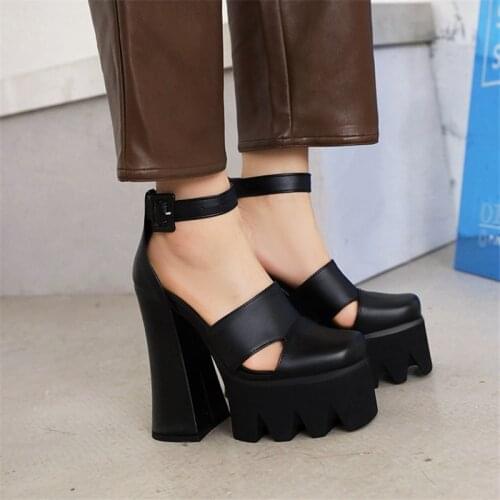 PXELENA Vintage Women Chunky Block High Heels Sandals Punk Rock Gothic Ankle Strap Platform Party Nightclub Shoes Plus Size 43