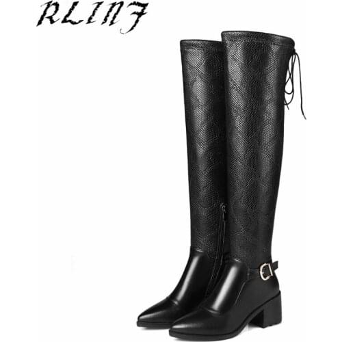 RLINF Genuine Full Leather Med Heels Winter Boots Thick Over The Knee Boots Large Size 32-45 Buckle