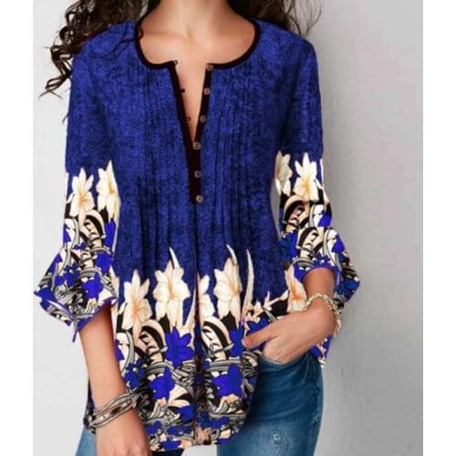 Women V-neck Clothes Рубашки Vintage 3/4 Sleeve Button Up Tops Shirt Blusas Casual Loose Large Plus Size Print Tops 5XL t shir