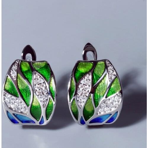 2021 NewSilver Earrings For Women Genuine 925 Sterling Silver Green Bamboo leaves Shiny White CZ Fine Jewelry Handmade Enamel