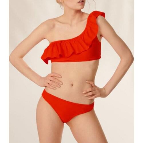 Women Bikini Set One Shoulder Ruffle Swimming suit Solid Color Push Up Padded Ladies Swimsuit Bathing Suit Swimwear Newest