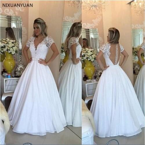 White Lace Pearls A-line V-neck Boho Wedding Dresses 2021 Short Sleeves Sheer Back Formal Dress Robe De Soiree Abendkleider