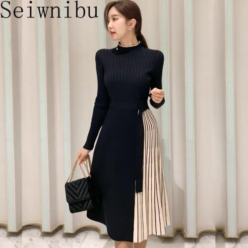 Winter Autumn Knitting Casual Women Dress Pleated Patchwork A Line Knitted Lady Dress Knitwear Vestidos Zafual Frocks