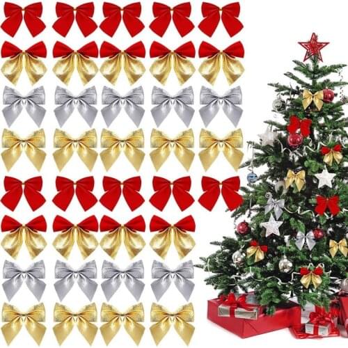 12pcs/set Christmas Bows Hanging Decoration Gold Silver Red Bowknot Christmas Tree Ribbon Bows Ornaments New Year Navidad Decor