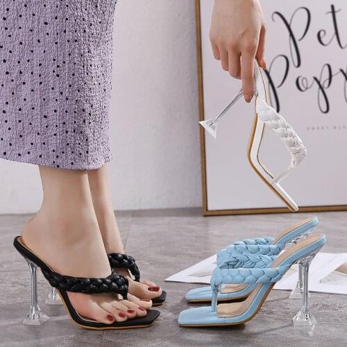 2021 summer womens fashion woven herringbone flip-flop transparent crystal wine glass with angled high-heeled slippers sandals