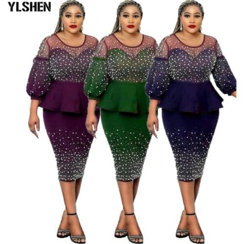 African Dresses for Women 2021 Summer 2 Piece Set Dashiki Diamonds Bodycon Dress African Clothes Fashion Robe Africaine Femme