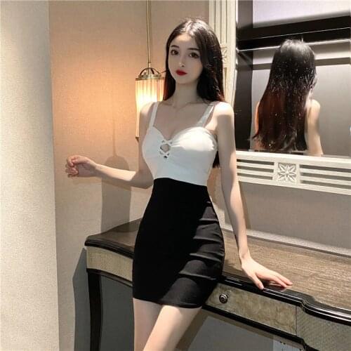 ZB4833 2021 summer sexy new womens V-neck splicing hollow fashion package hip shoulder strap dress cheap wholesale