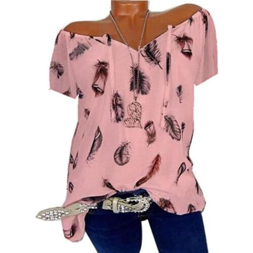 Plus Size Blouses Women Feather Print Short Sleeve V Neck Female Shirts Blusas Summer Slim Elegant Front Lace Up Blouse Top