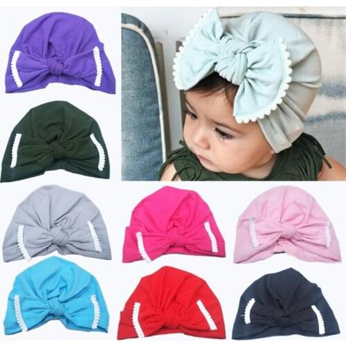 2019 brand newborn baby soft headscarf hat cute girl innocent lace bow cap solid bow knot around the cap baby beanie accessories