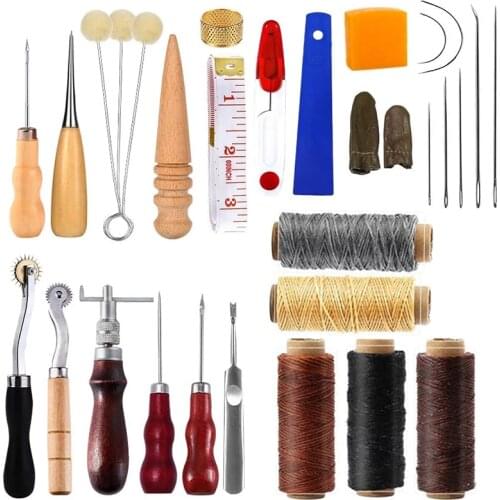 KAOBUY 34Pcs Leather Working Tools And Supplies With Leather Thread, Leather Sewing Needles, Groover, Thimble, Awl, Instructions