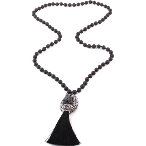 MOODPC Fashion Bohemian Jewelry Lava Stone Knotted Stone Natural Druzy & Tassel Pendant Necklace For Women Ethnic Necklace
