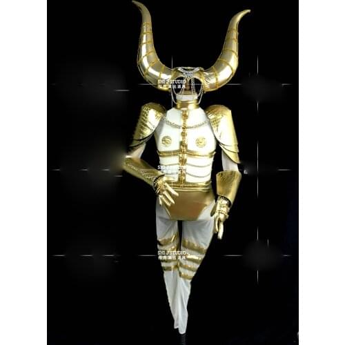 Nightclub bar costumes muscle men gogo golden horns headdress suit men stage armor