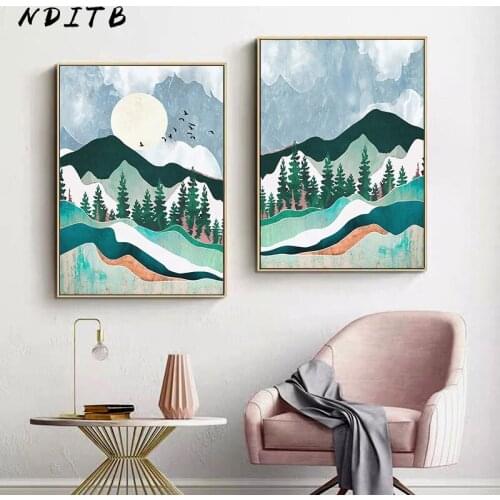 Mountain Forest Sunset Abstract Painting Nordic Landscape Canvas Poster Print Wall Art Decoration Picture Modern Home Room Decor