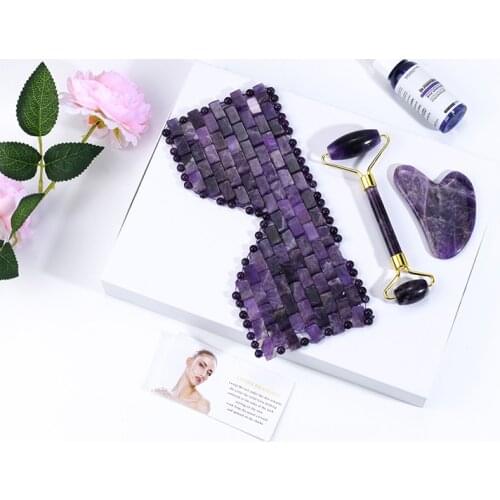 Natural Cooling Amethyst Facial Roller Guasha Scraper Sleeping Eye Mask Set Women Body Massagers Beauty Tool for Back Relaxation
