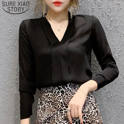 New Fashion Long Sleeve Slim Spring Autumn Chiffon V Neck Women Shirts Solid Black Red Sexy Women Blouses and Tops Femme 7925 50