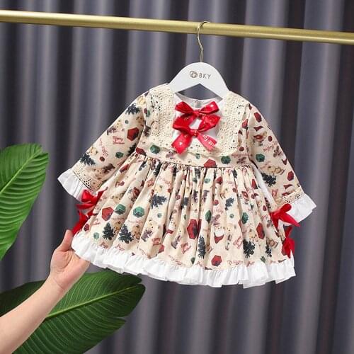 Girls Kids Lolita Dress Long Sleeve Children Baby Infants Princess Printed Flora Big Bow Party Ball Gown Dresses Vestidos S12038