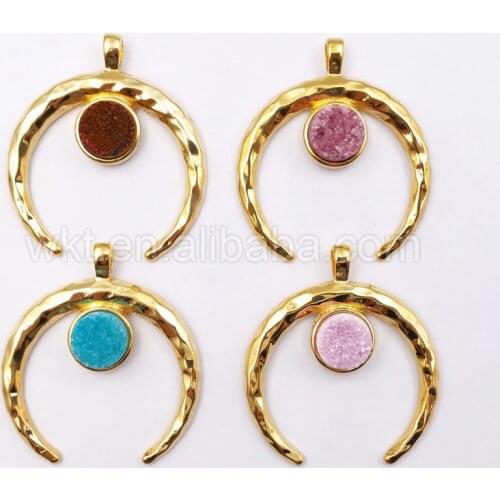 WT-P1109 Wholesale Custom New Arrived Charming Natural Colorful Druzy Insert Gold Horn Pendant For Fashion Jewelry Making