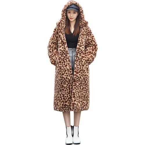 Faux Fur Coat Leopard long hooded coat artificial rabbit Fur Coat female loose Korean version Teddy Jacket Leisure Leopard Print