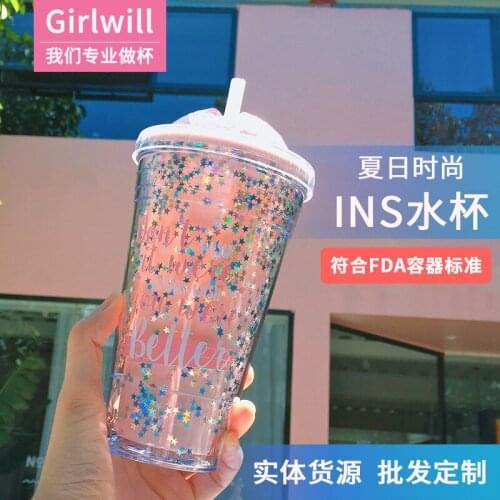 Direct Plastic Cup Gift Custom Logo Creative Ins Double Layer Straw Cup Student Drop-Resistant Cup Water Bottle water bottles