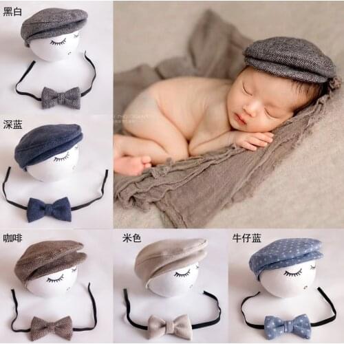 Baby Newborn Peaked Beanie Cap Hat+Bow Tie Photo Photography Prop Cute Outfit Printed Comfortable High Quality Lovely Set
