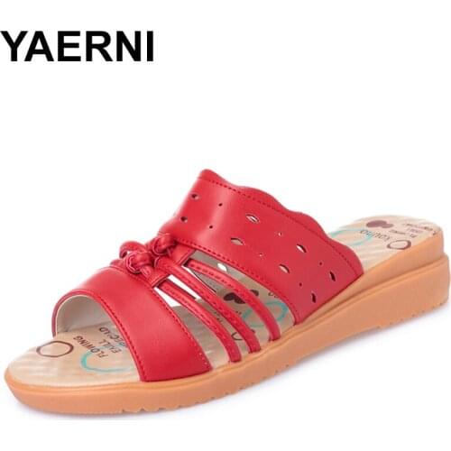 YAERNI Women Slippers Leather Shoes Casual Slides Women Summer Shoes Beach Solid Mother Wedge Shoes Flip Flops