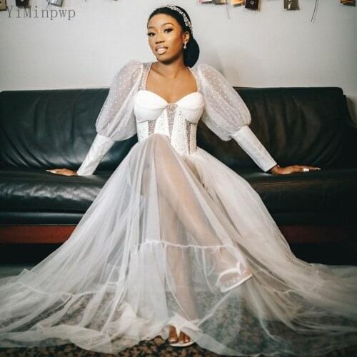 YiMinpwp Bride Wedding Robes Puffy Long Sleeve Hollow Back A Line Floor Length Illlusion Bodice Beads Wedding Bridal Gown