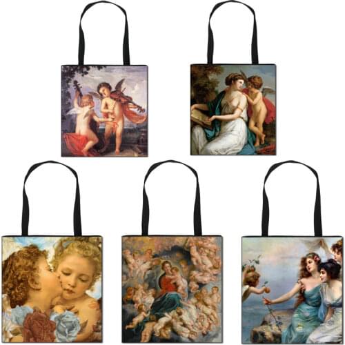 Vintage Famous Painting Black White Angell Print Shoulder Bag for Women Portable Girls Tote Bags Gift