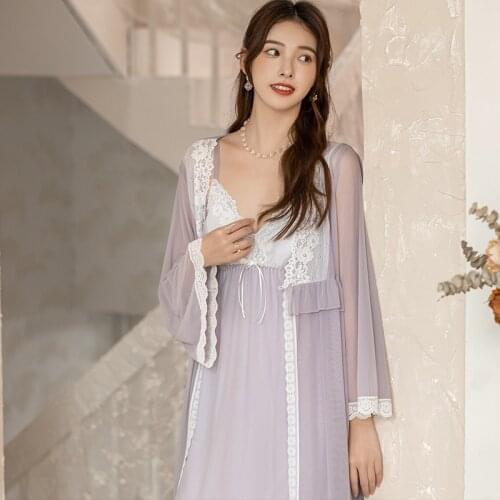 Vintage Nightgowns Romantic Lace Robe Sets Women Fairy Mesh Long Sleeve Robe Victorian Night Dress Pijamas Sexy Nighty Sleepwear