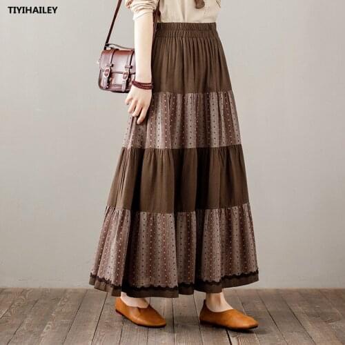 TIYIHAILEY Free Shipping 2021 New Long Maxi A-line Elastic Waist Women Cotton Linen Patchwork Skirts Spring Summer Big Hem