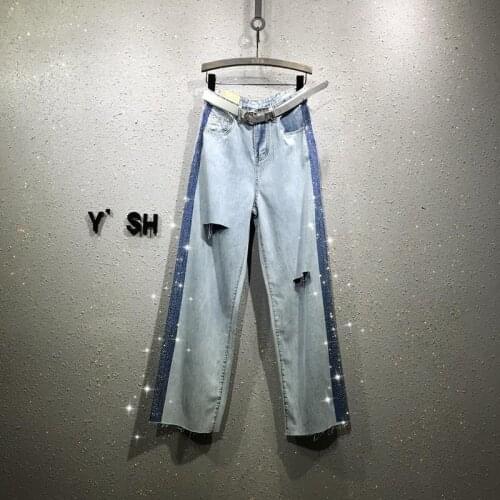 Women Sequined Wide Leg Washed Denim Pant Retro Vintage Female Elastic Waist Big Size Jeans Pant