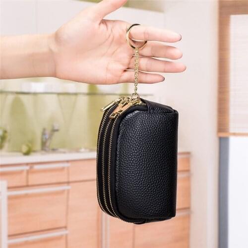 Genuine Leather Zipper Womens Wallet Multifunctional Coin Purse Female Solid Color Lychee Pattern Keychain Card Clutch Bag