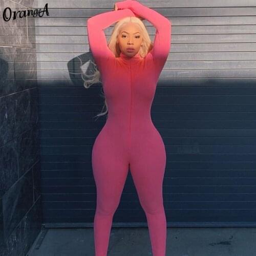 OrangeA skinny fitness women active wear pink jumpsuits turtleneck sporty long sleeve casual overalls workout streetwear outfits