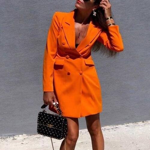2021 Women Chic Orange Blazer Dress Pockets Double Breasted Long Sleeve Black Office Wear Solid Female Casual Outerwear Dress