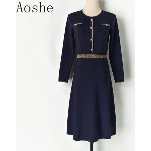 Women Elegant Office Lady Sweater Dress 2021 Winter O-Neck Single-breasted Long Sleeve Knit Dress A-line Navy Blue Female Dress