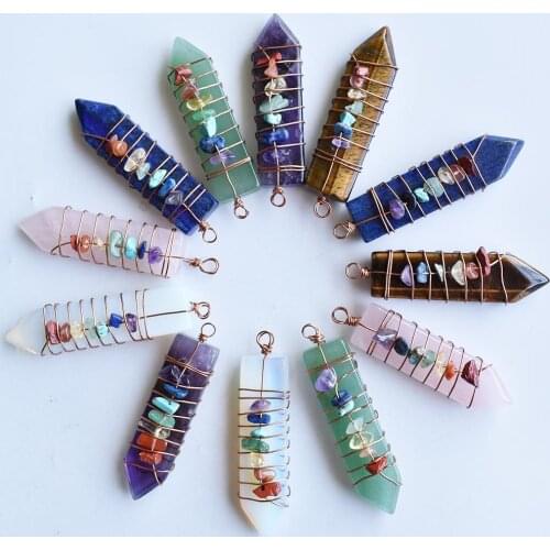 7 Chakra Reiki Handmade Wrap Pendulum Pendants Healing Crystal Natural Stone Amethysts Lapis Lazuli Point Sword Pendants 6pcs