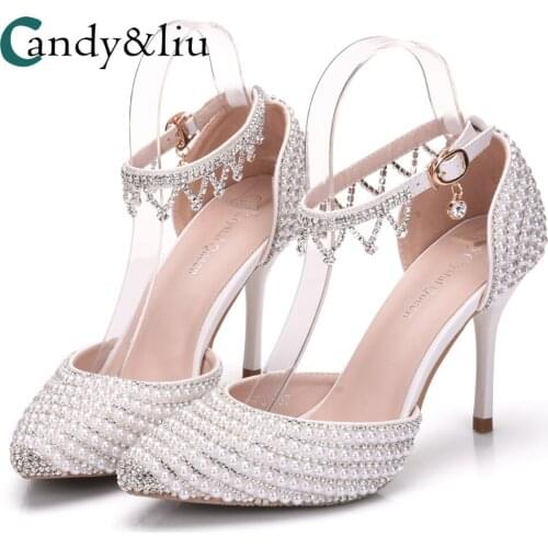 White Pearl Beaded Wedding Shoes Super High Heel Women Sandals with Tassel Ankle Strap for Bridesmaid Party Banquet Performance