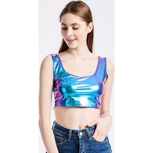 Shiny Women Metallic Rave Dance Festival Club Crop Tank Tops Short Vest Summer Sleeveless Scoop Neck Reflective Holographic Top