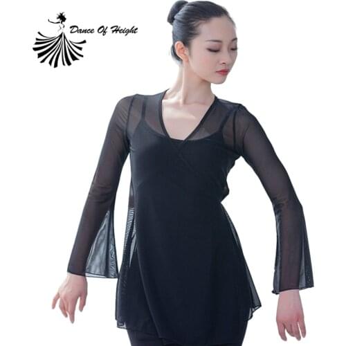 Sexy Mesh Transparent Blouse Ladys Dance Practice Wear Long Sleeve Loose Folk Dance Classical Dance Outfit Black Big Size
