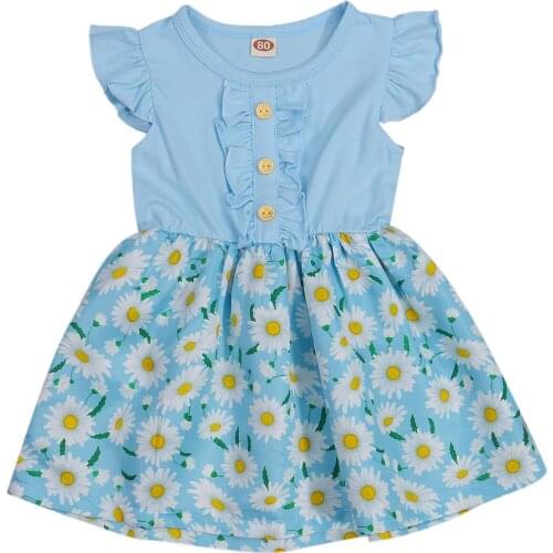 Baby Children Girl Patchwork Dress Daisy Printed Ruffle Short Sleeve Round Collar Princess A-Lined Buttons Dresses 12M-5T