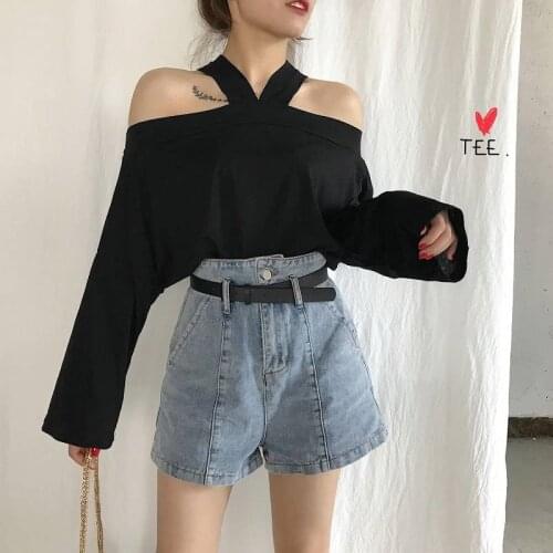 Spring Cool Sexy Women Casual Tshirt White Black Blue Streetwear Female Tops Tee Long Sleeve T Shirt Punk Off Shoulder Clothes