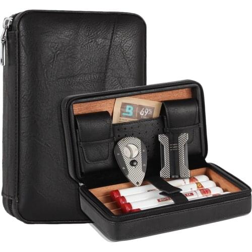 GALINER Travel Cigar Humidor Leather Cigar Case Cedar Wood Humidor Box Cigar Lighter Cutter Metal Holder Humidifier Bag