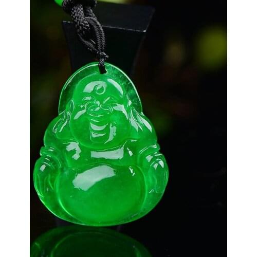 Natural green jadeite handcarved smiley Buddha pendant simple retro pendant temperament jewellery fashion for women men