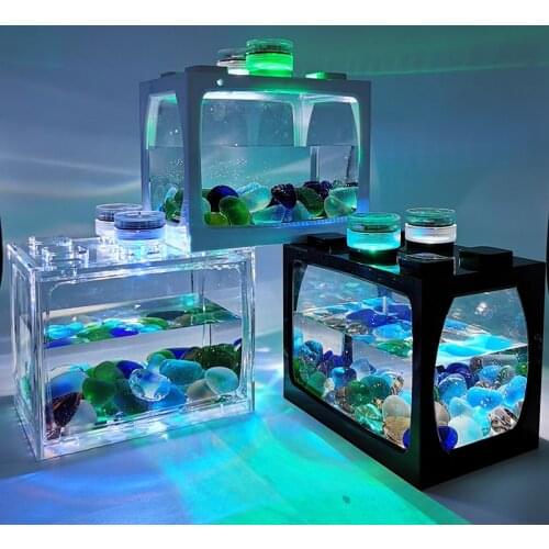 Small Fish Tank Small Desktop Creativity Ecological Pot Micro Landscape Betta Tank Mini Tropical Fish Aquarium with LED Light