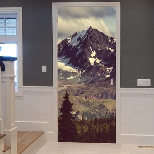 Snow Mountain Beautiful Scene Door Sticker Waterproof Wallpaper For Doors Living Room Bedroom Poster DIY Mural Decals Home Decor