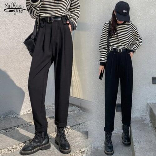 2020 Autumn and Winter New Suit Pants Wide Leg Thin Straight OL Pocket Solid Trouser Womens High Waist Drape Loose Pant 11388