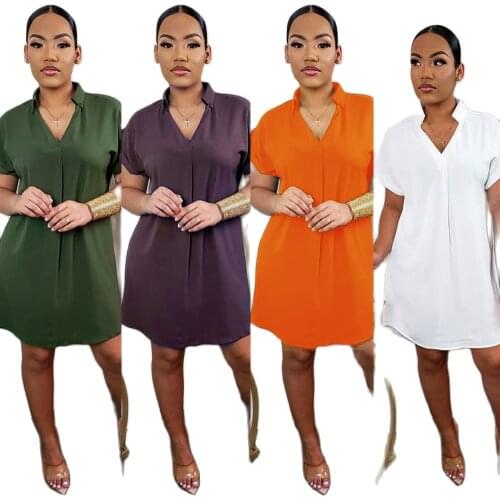 New Womens Fashion Solid Color V Neck Loose Shirt Dress Short Sleeve Blouse Shirt
